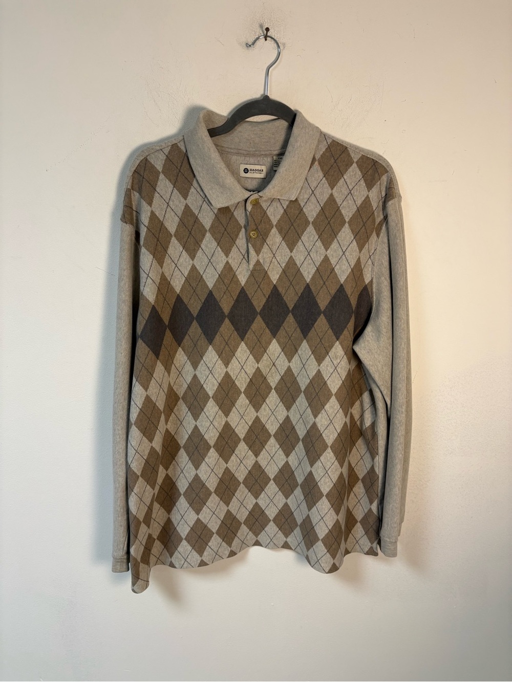 Haggar Mens Argyle Long Sleeve Polo Shirt - Taupe/Brown 2XL